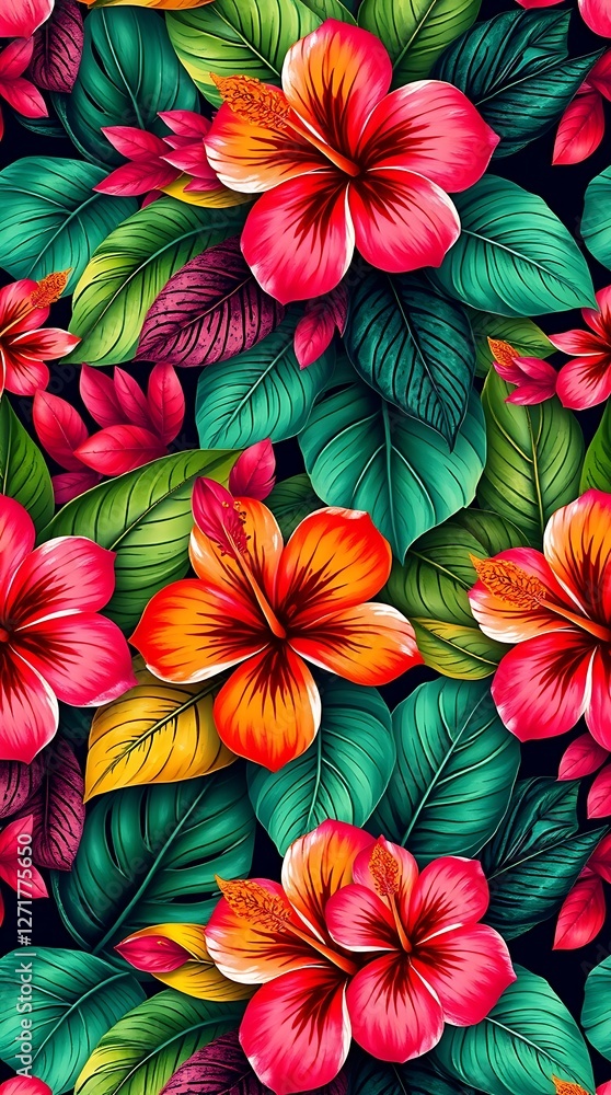 A seamless pattern of stylized tropical leaves and hibiscus flowers, rendered in a vibrant digital painting style, showcasing bold, saturated hues of pink, orange, and green. A seamless pattern of stylized tropical leaves and hibiscus flowers, rendered in a vibrant digital painting style, showcasing bold, saturated hues of pink, orange, and green.