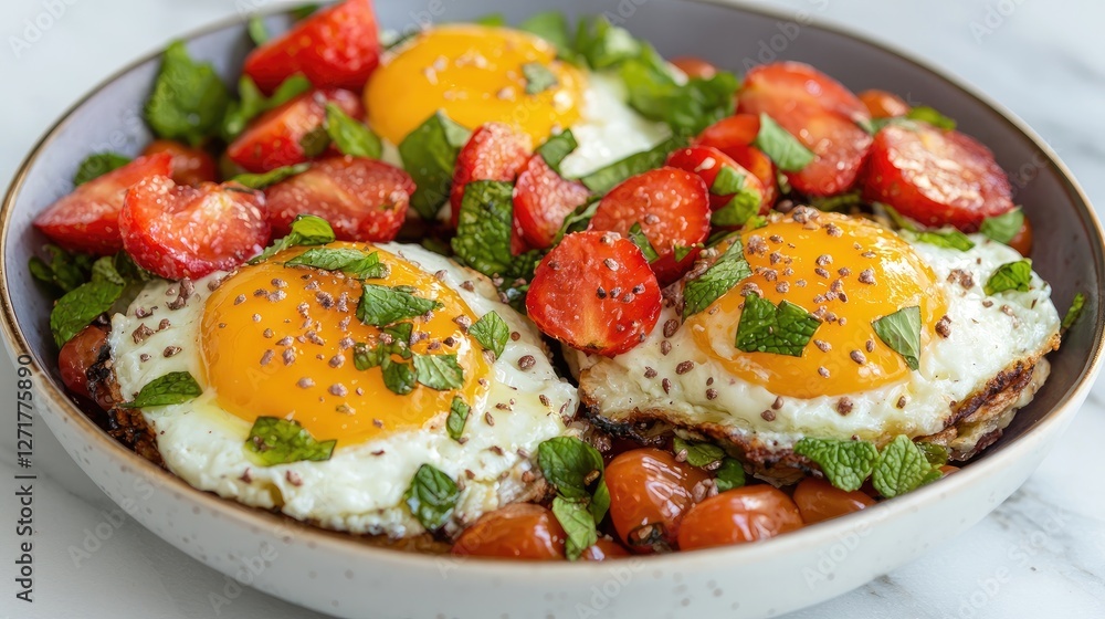 Healthy breakfast bowl with eggs, strawberries, and cherry tomatoes Healthy breakfast bowl with eggs, strawberries, and cherry tomatoes