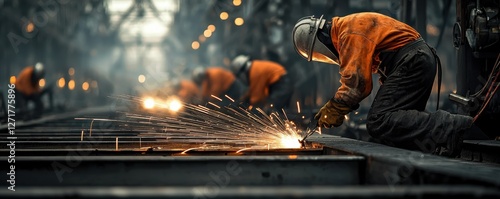 Large scale welding work in shipyard industrial environment action-packed scene