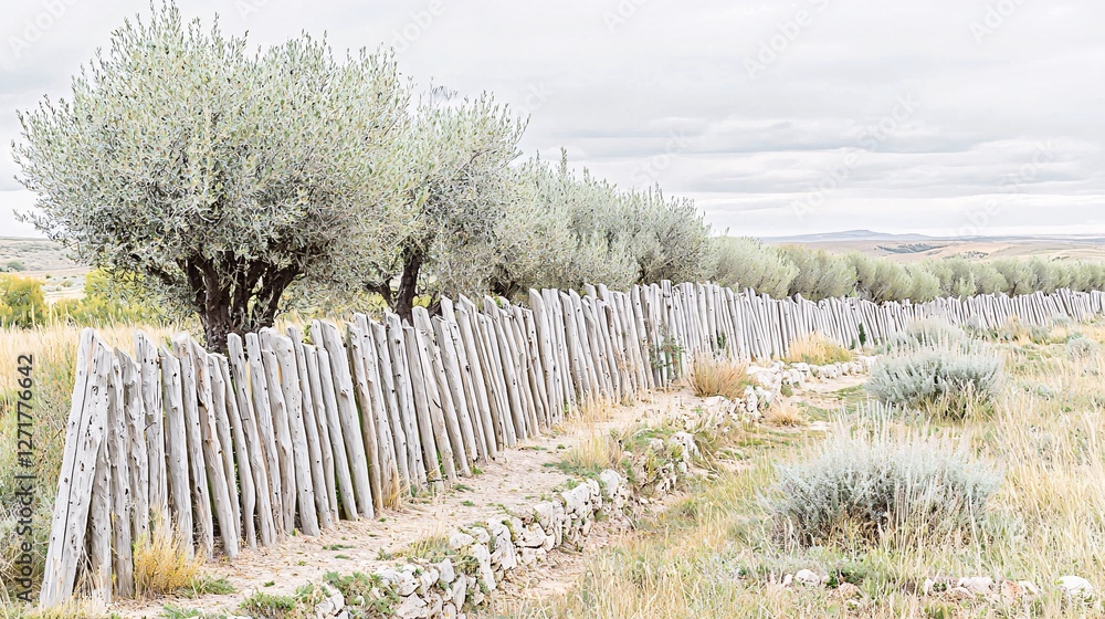 Fototapeta premium series of tree fences in varying heights, forming a rustic and organic boundary line, isolated on a white background with room for creative use series of tree fences, varying heights, rustic