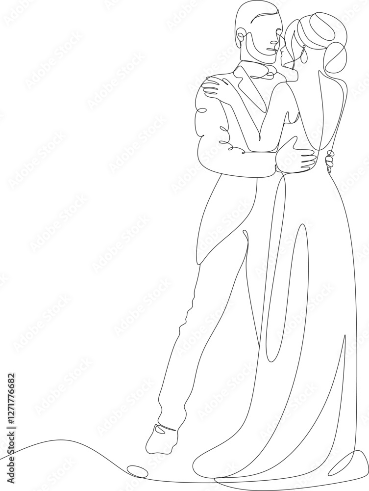 Single one line drawing of happy cute married men and women dancing in party park. Romantic young wedding couple. Vector illustration, hand drawn Single one line drawing of happy cute married men and women dancing in party park. Romantic young wedding couple. Vector illustration, hand drawn