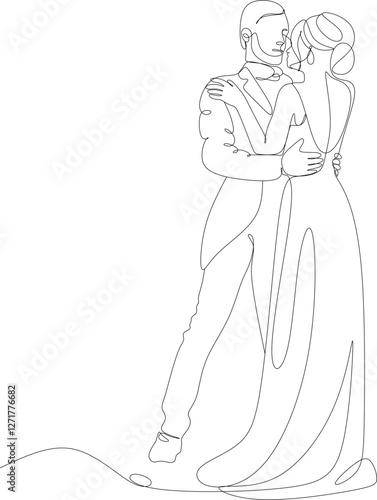 Single one line drawing of happy cute married men and women dancing in party park. Romantic young wedding couple. Vector illustration, hand drawn 