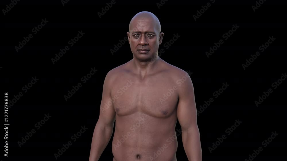 3D animation of an African man's upper body, shirtless, slightly rotating, showcasing realistic anatomy, musculature, and detailed body structure. 3D animation of an African man's upper body, shirtless, slightly rotating, showcasing realistic anatomy, musculature, and detailed body structure.