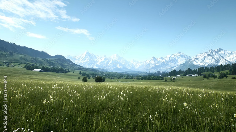 Fototapeta premium Expansive Alpine Meadow with Snow Capped Mountains under a Sunny Sky
