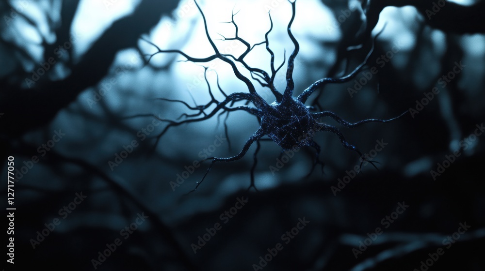 A close-up view of a neuron with intricate branches against a dark background. A close-up view of a neuron with intricate branches against a dark background.