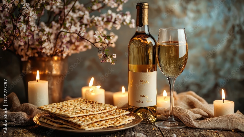 Naklejka premium Elegant passover setting featuring matzah wine and candlelight