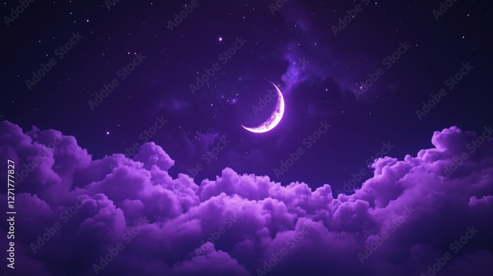 A beautiful crescent moon shining over fluffy purple clouds in a starry night sky. A beautiful crescent moon shining over fluffy purple clouds in a starry night sky.