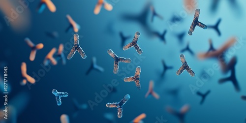 Vivid Digital Representation of Antibody Molecules, Highlighting Y-Shaped Structures, Binding Sites, and Heavy-Light Chain Arrangements Against a Gradient Soft Blue Background