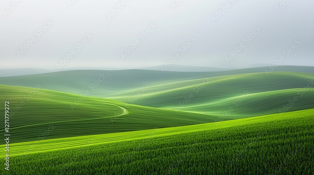 Rolling green hills under a soft blue sky, with gentle curves, lush landscape with serene horizon, vibrant greenery, countryside expansive view with subtle mist Rolling green hills under a soft blue sky, with gentle curves, lush landscape with serene horizon, vibrant greenery, countryside expansive view with subtle mist