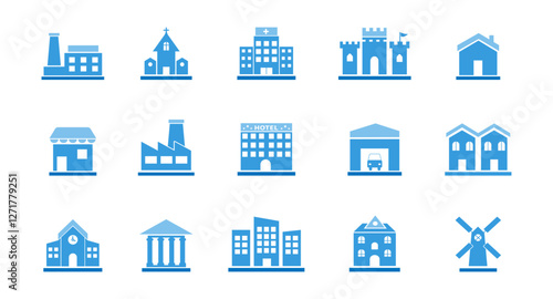 Building flat style. Architecture logo. Factory, church, hotel, hospital, office, skyscraper. Vector
