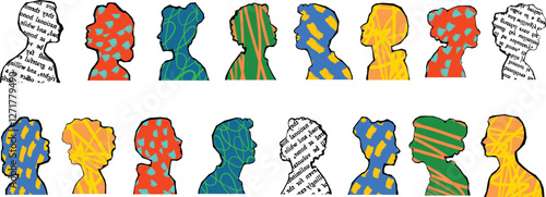 Vector Abstract Silhouette Crowd with Vibrant Patterns on White Background, Diverse People Group with Artistic Texture, Conceptual Multicultural Society, Modern Digital Art