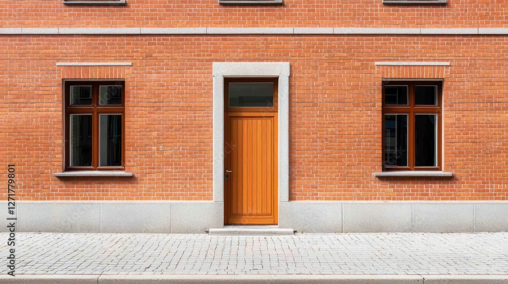 Red Brick Building Exterior with Brown Door and Windows Red Brick Building Exterior with Brown Door and Windows