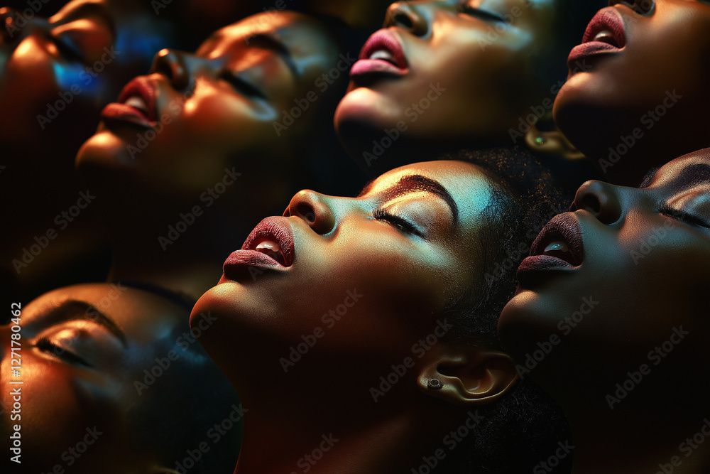 Obraz premium A creative conceptual image showcasing a multitude of expressive faces lit by vibrant and colorful lighting, portraying vivid emotions and artistic energy through innovative photography composition.