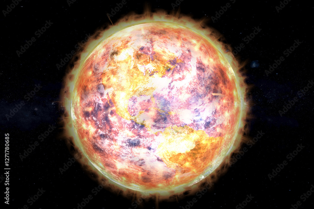 Earth's dramatic transformation into the Sun, with the left side showing Earth and the right side displaying fiery colors and intense heat, representing the.Elements of 3D rendered illustration were f