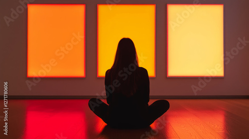 Woman Contemplating Illuminated Panels.
