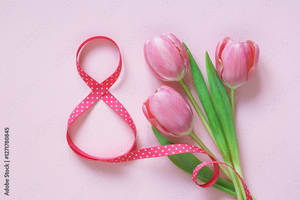 Number eight from a ribbon and a bouquet of tulips on a pink background. Postcard for International Women's Day, March 8 Number eight from a ribbon and a bouquet of tulips on a pink background. Postcard for International Women's Day, March 8