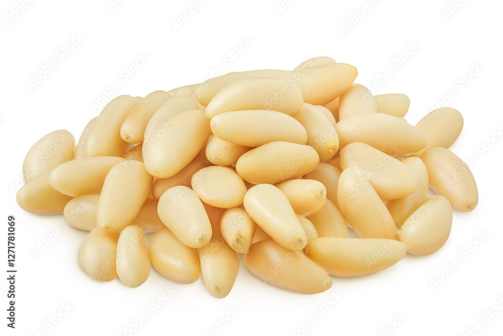 Fototapeta premium Shelled European pine nuts isolated on white background with full depth of field