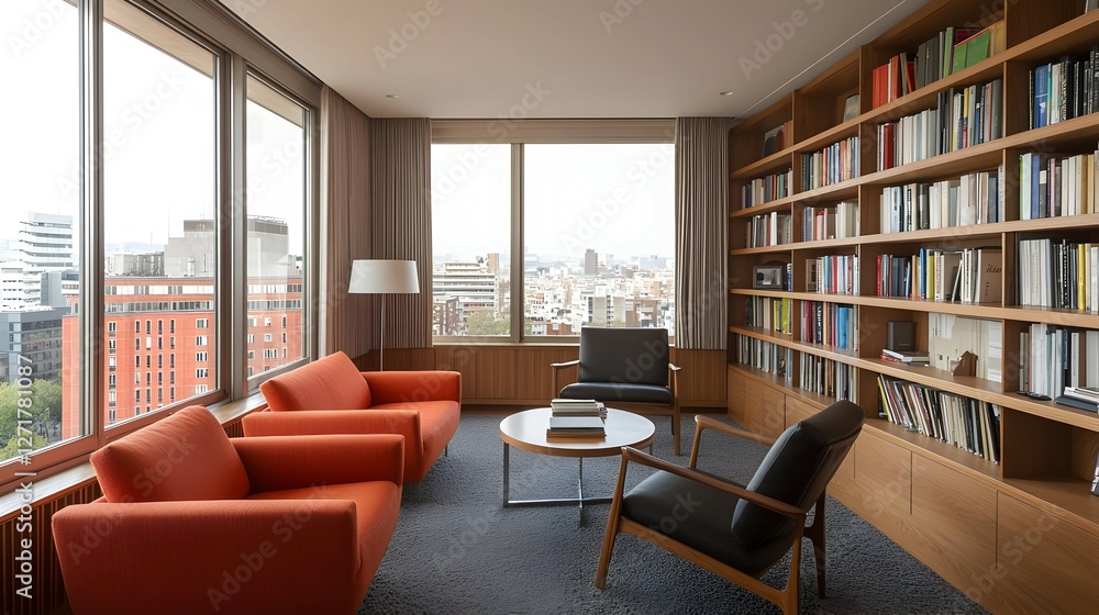 Modern Office with City View and Extensive Bookshelves Modern Office with City View and Extensive Bookshelves