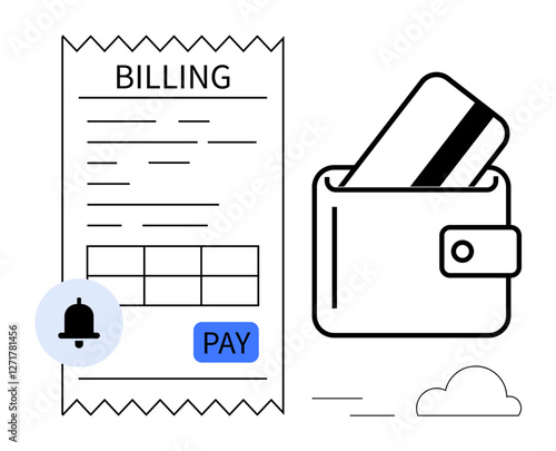 Billing receipt next to wallet holding credit card, payment reminder bell icon, and blue Pay button. Ideal for finance, e-commerce, billing, online payments, digital wallets, expense management