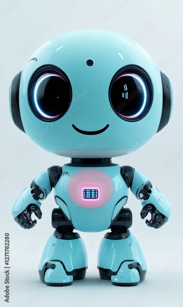 Friendly, light blue robot stands on a white background, its large eyes and small smile conveying a sense of warmth and approachability Friendly, light blue robot stands on a white background, its large eyes and small smile conveying a sense of warmth and approachability