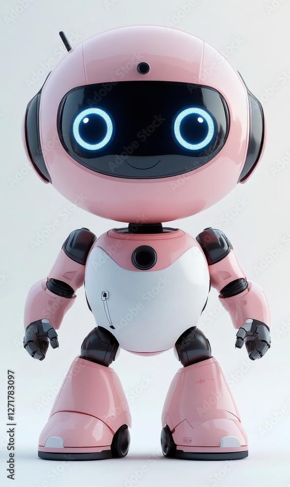 Pink and white friendly robot standing on a white background, futuristic artificial intelligence concept Pink and white friendly robot standing on a white background, futuristic artificial intelligence concept