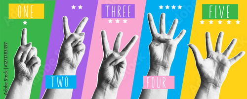 Gestures for counting from one to five. Modern art halftone collage with fingers pointing the numbers. five wrists with different sign for web design and ranking concept. Vector ilustration