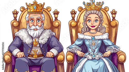 Cartoon Illustration of Majestic King and Queen in Royal Attire Sitting on Thrones. Concept of Royalty, Majestic Power, Noble Leadership, Regal Elegance. White background photo