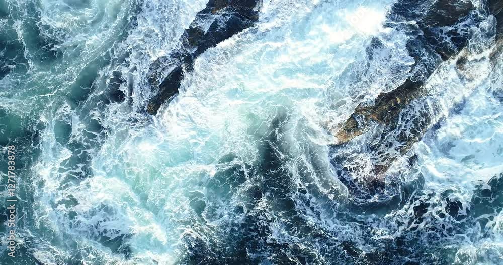 Storm powerful waves crashing against rocky coastline in Norway, dramatic ocean scenery, Drone slow-motion footage 4K aerial view Storm powerful waves crashing against rocky coastline in Norway, dramatic ocean scenery, Drone slow-motion footage 4K aerial view