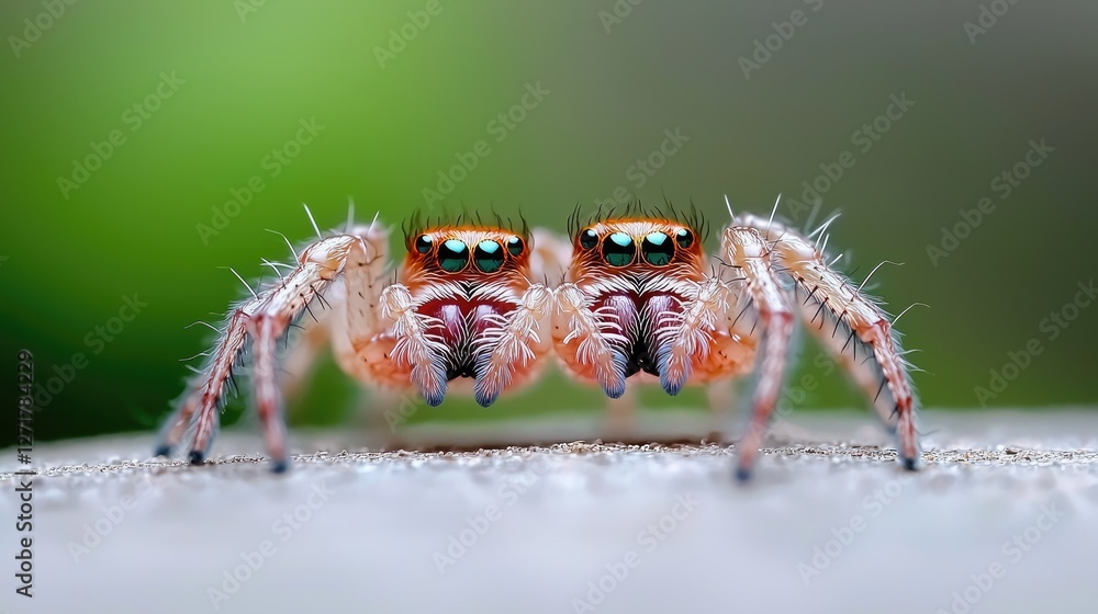 Fototapeta premium Two jumping spiders face-off, close-up, nature, blurred background, wildlife photography