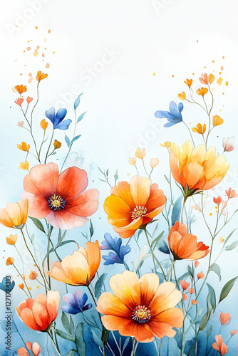 A vibrant floral watercolor frame perfect for spring-themed events like Easter, Valentine's Day, or weddings, featuring ample copy space for greetings or messages.