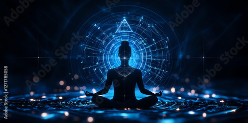 serene silhouette of woman meditating in lotus position, surrounded by glowing geometric patterns and light, creating tranquil atmosphere