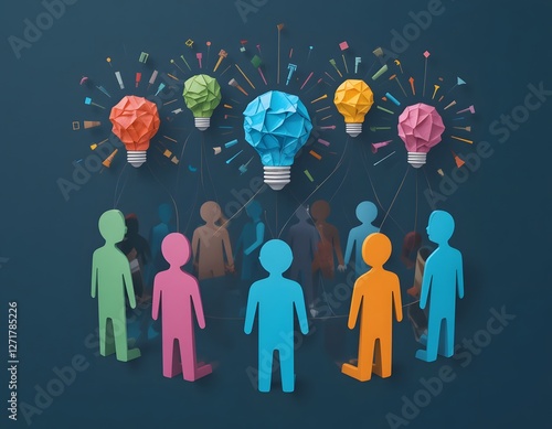A minimalistic conceptual image of five abstract human figures in different colors, linked together to symbolize unity. Above them, glowing lightbulbs made of crumpled paper illustrate the process of