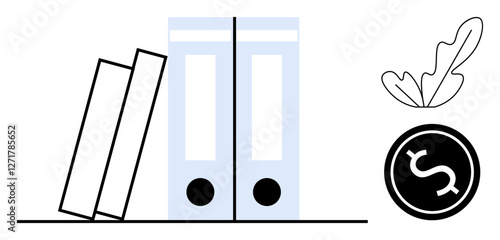 Books leaning on two vertical binders, coin with dollar sign, leaf illustration. Ideal for finance, sustainability, organization, education, business planning, financial management environmental