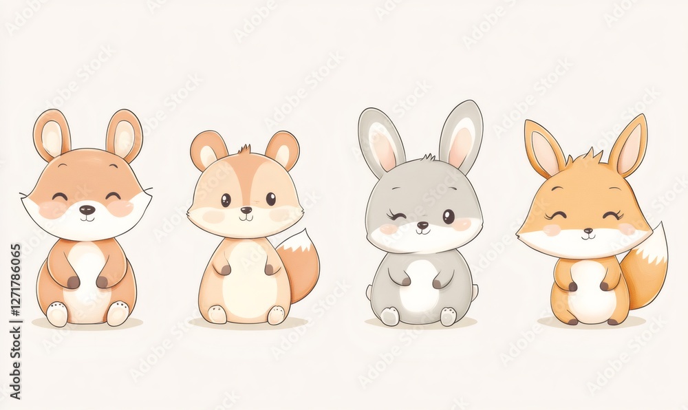 Adorable cartoon animals including foxes, a squirrel, and a rabbit, create a charming and heartwarming scene Adorable cartoon animals including foxes, a squirrel, and a rabbit, create a charming and heartwarming scene
