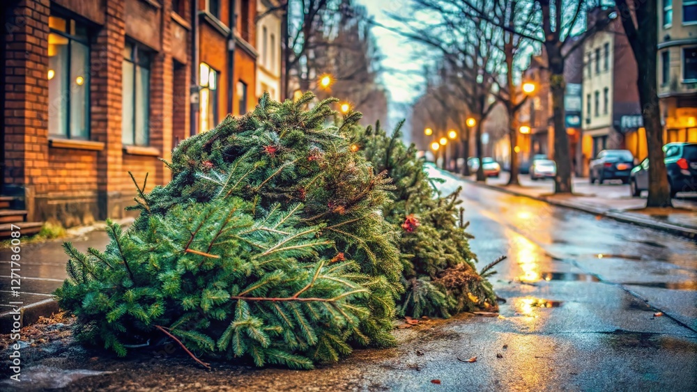 Fototapeta premium Discarded Christmas Trees on Curb: Annual Holiday Waste Removal