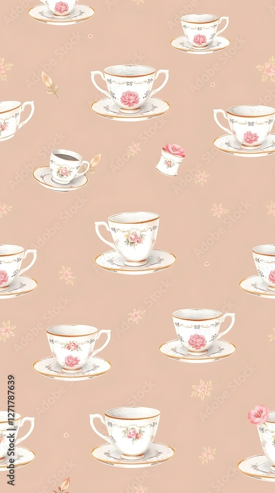 A rustic seamless pattern incorporating charming illustrations of vintage teacups and saucers, rendered in a delicate watercolor style with soft pastel hues, creating a char. A rustic seamless pattern incorporating charming illustrations of vintage teacups and saucers, rendered in a delicate watercolor style with soft pastel hues, creating a char.