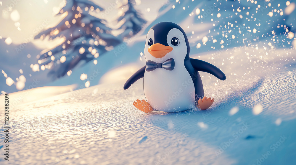Obraz premium Charming Cartoon Penguin with Bow Tie Joyfully Sliding on Snowy Hillside. Concept of Winter Fun, Adorable Animals, Playful Seasons, Cheerful Wilderness Adventures