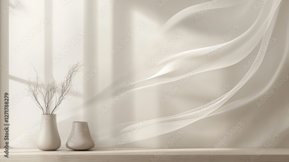 Two elegant ceramic vases with bare branches, set against a softly draped, light-colored fabric background, creating a serene and minimalist ambiance. Two elegant ceramic vases with bare branches, set against a softly draped, light-colored fabric background, creating a serene and minimalist ambiance.