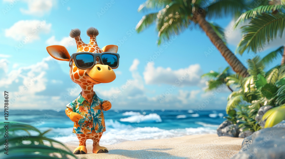 Fototapeta premium Cartoon Giraffe Wearing Sunglasses and Hawaiian Shirt on Tropical Beach with Ocean and Palm Trees. Concept of Vacation Fun, Quirky Style, Beach Relaxation, Exotic Adventure
