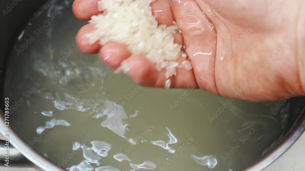 Rice is washed in a saucepan before cooking. grain processing before cooking rice dishes. Rice is washed in a saucepan before cooking. grain processing before cooking rice dishes.