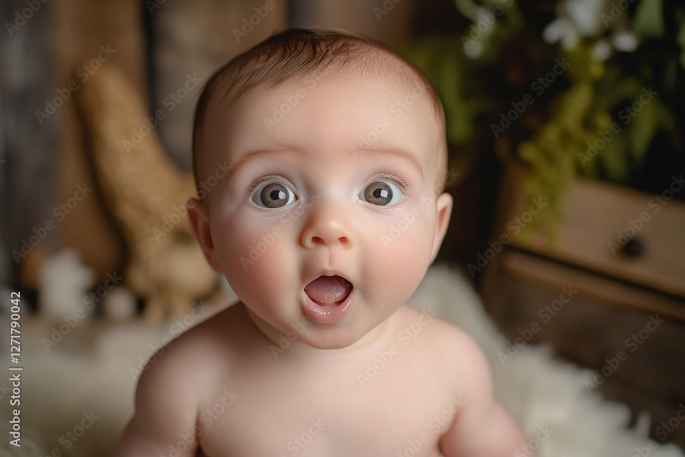 Baby with wide eyes and open mouth expressing surprise in a cozy indoor setting Baby with wide eyes and open mouth expressing surprise in a cozy indoor setting