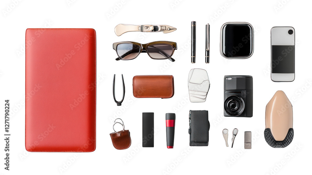 A red leather bound book with a bunch of items on top of it