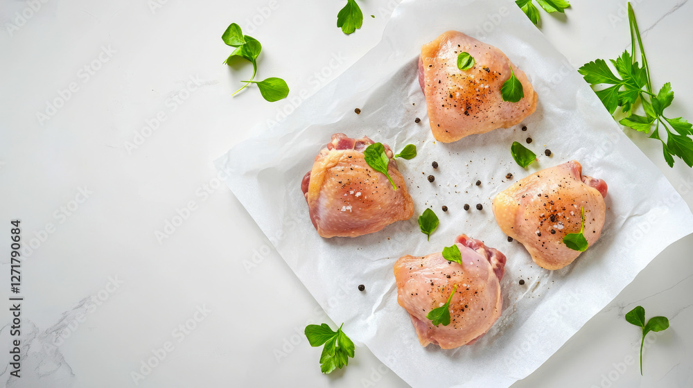 Fresh raw chicken thighs on parchment paper with herbs and spices. Concept of cooking preparation, culinary ingredients, home cooking, fresh poultry, meal planning. Copy space Fresh raw chicken thighs on parchment paper with herbs and spices. Concept of cooking preparation, culinary ingredients, home cooking, fresh poultry, meal planning. Copy space
