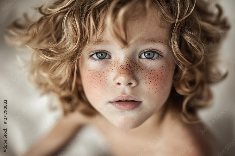 Young child with curly hair and freckles gazes directly at the viewer in a soft, natural light setting Young child with curly hair and freckles gazes directly at the viewer in a soft, natural light setting