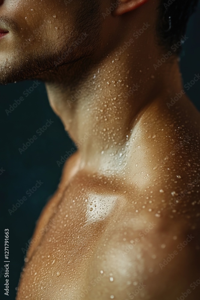 Fototapeta premium Handsome man’s shoulder skin close up in steam