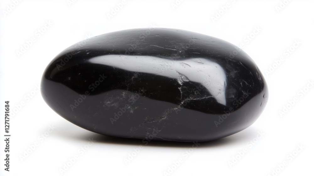 A polished black stone with a shiny surface, isolated on a white background. A polished black stone with a shiny surface, isolated on a white background.