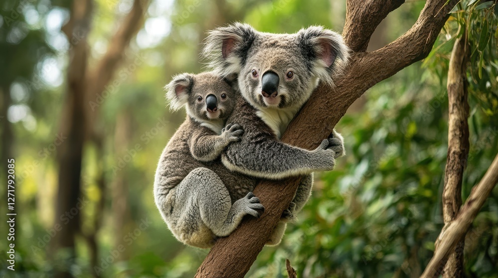 Obraz premium A playful adult koala and its joey cling to a tree branch in a lush green forest, exuding a sense of warmth and affection.