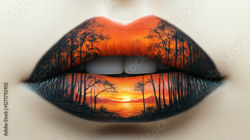 Vivid sunset landscape painted on lips showcasing unique artistic makeup at a creative beauty event