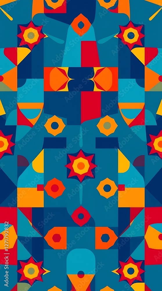 A bold seamless pattern using geometric shapes in a vibrant color palette, featuring bright reds, blues, and yellows, with a Pop Art style, demonstrating a dynamic layout us. A bold seamless pattern using geometric shapes in a vibrant color palette, featuring bright reds, blues, and yellows, with a Pop Art style, demonstrating a dynamic layout us.