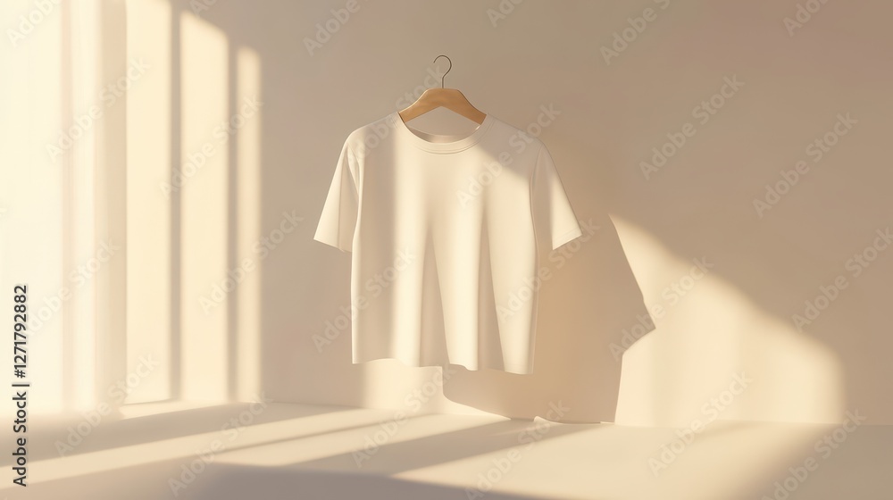 A minimalist scene featuring a white t-shirt hanging against a softly lit wall, casting gentle shadows that evoke a calm and serene atmosphere. A minimalist scene featuring a white t-shirt hanging against a softly lit wall, casting gentle shadows that evoke a calm and serene atmosphere.